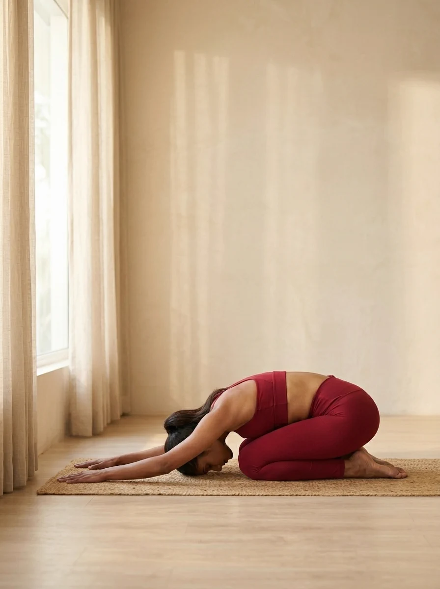 AI-generated illustration of Child's Pose (Bālāsana).
