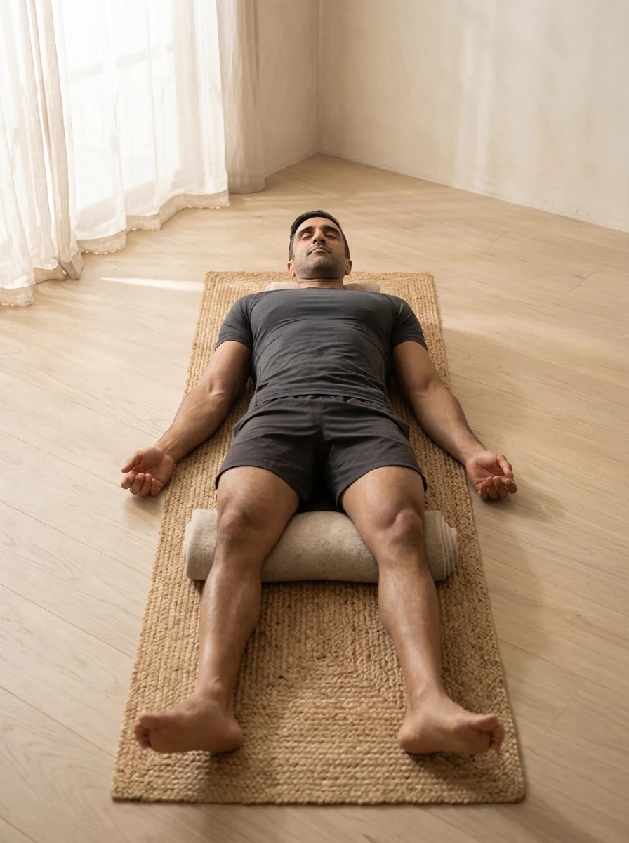AI-generated illustration of Corpse Pose (Śavāsana).