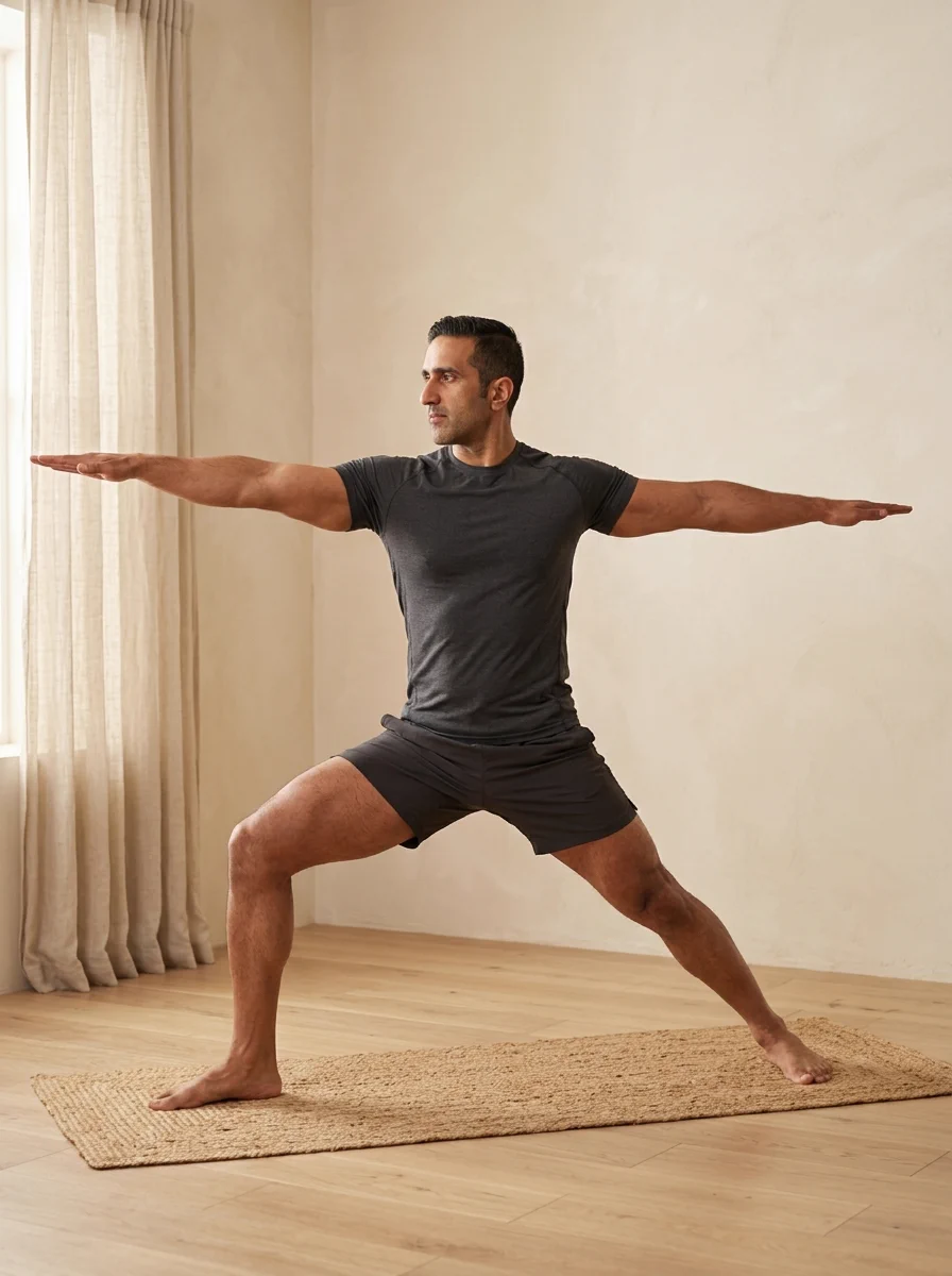 AI-generated illustration of Warrior II (Vīrabhadrāsana II).